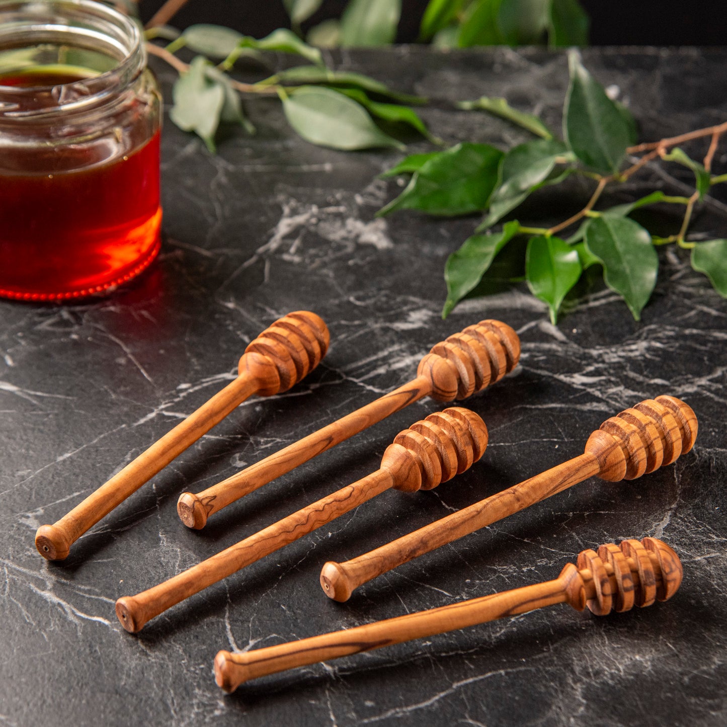 "Handcrafted Olive Wood Honey Dipper – 6” & 7.3” Honey Sticks, Honeycomb Spoon for Kitchen