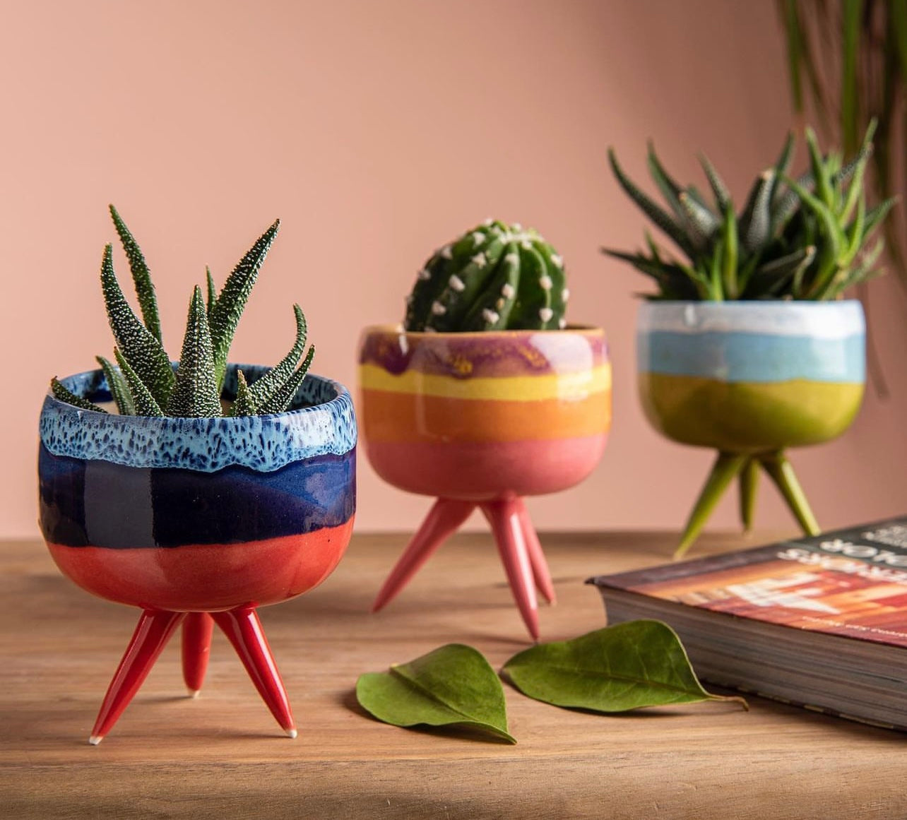 Handmade 3-Legged Ceramic Planter Pot - Cute Minimalist Succulent & Cactus Pot for Home Decor, Textured Clay Design