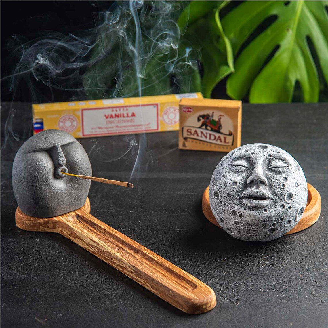 Moon Face Backflow Incense Burner & Stone Head Holder – Unique Handmade Incense Set