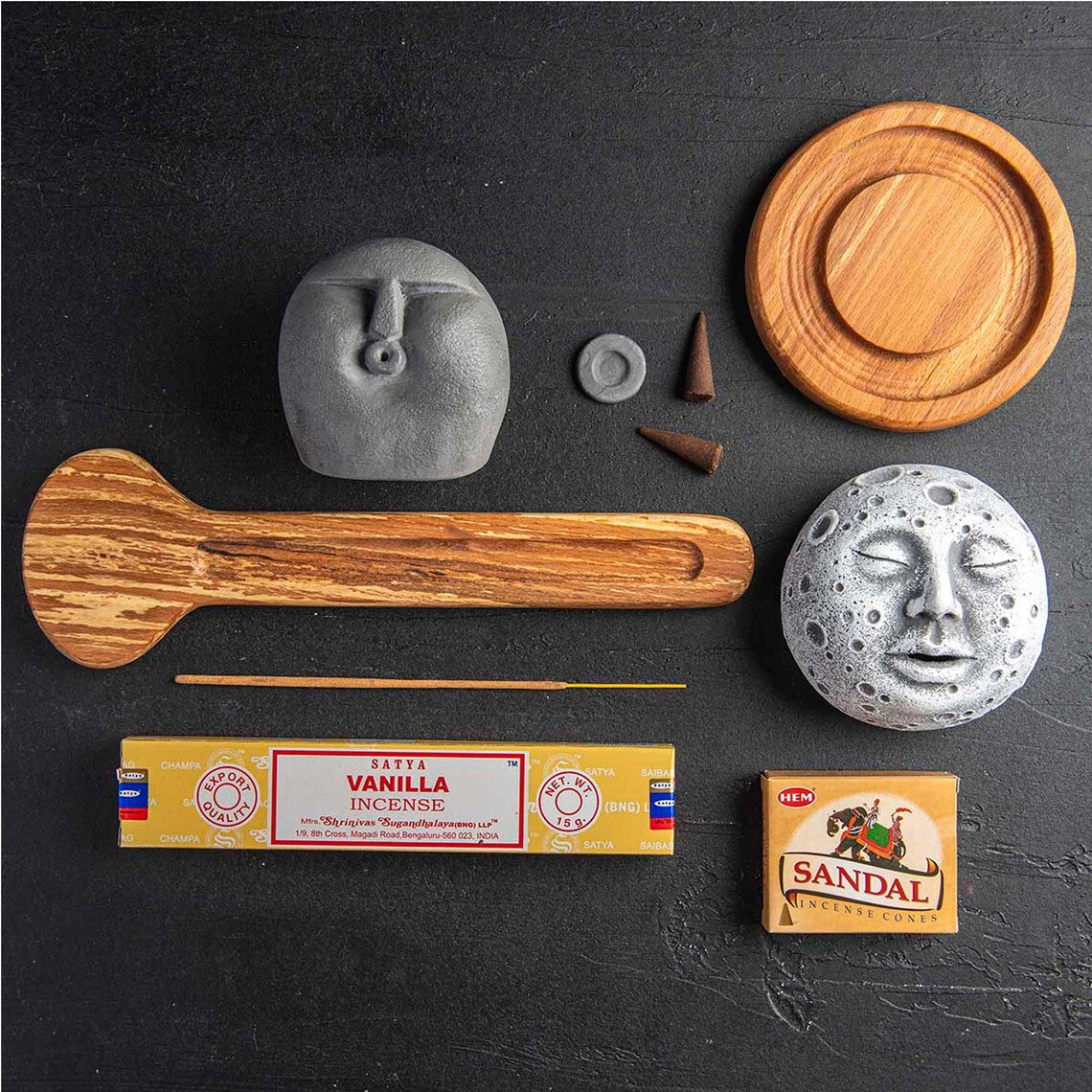 Moon Face Backflow Incense Burner & Stone Head Holder – Unique Handmade Incense Set