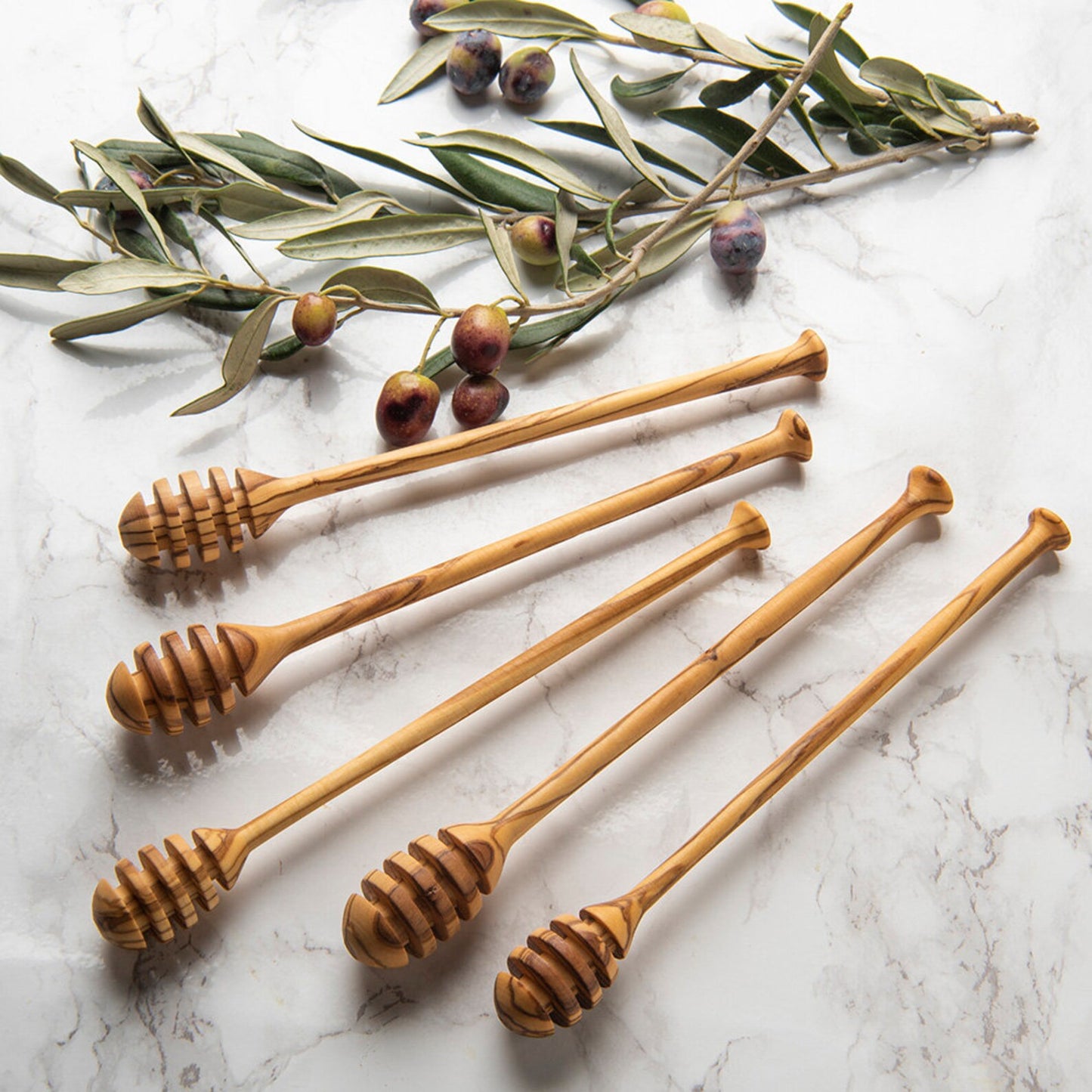 "Handcrafted Olive Wood Honey Dipper – 6” & 7.3” Honey Sticks, Honeycomb Spoon for Kitchen